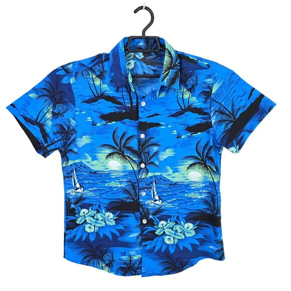 Mens Hawaiian Blue Tropical Print Shirt Short Sleeve Button Up Polyester Size S - Picture 1 of 8